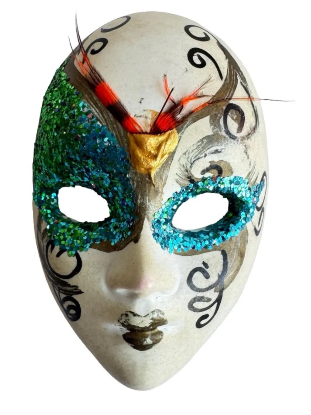 Vtg Venetian Style Masquerade Mask Brooch Pin Mardi Gras Carnival Glitter Boxed